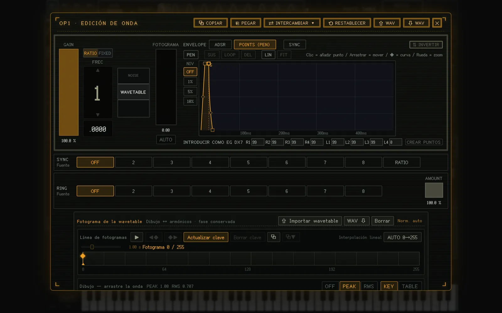 La pantalla de edición de la tabla de ondas (parte superior)
