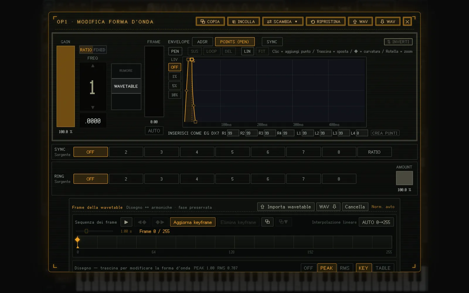 L’editor della wavetable (parte superiore)