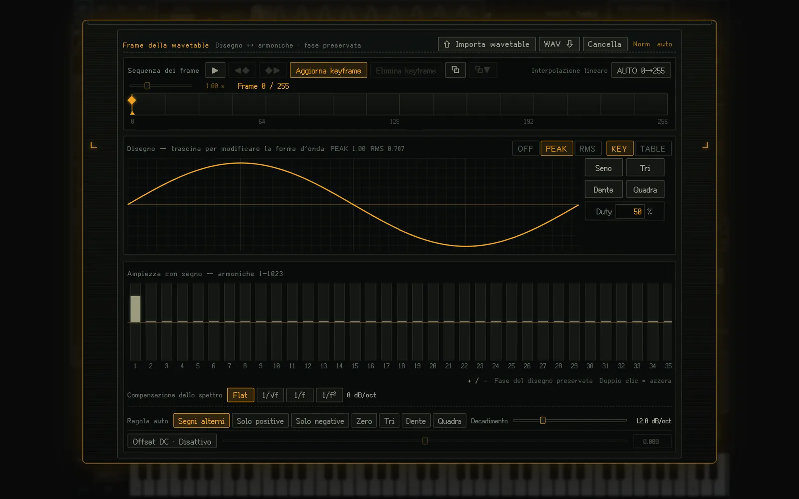 L’editor della wavetable (scorrendo fino in fondo)